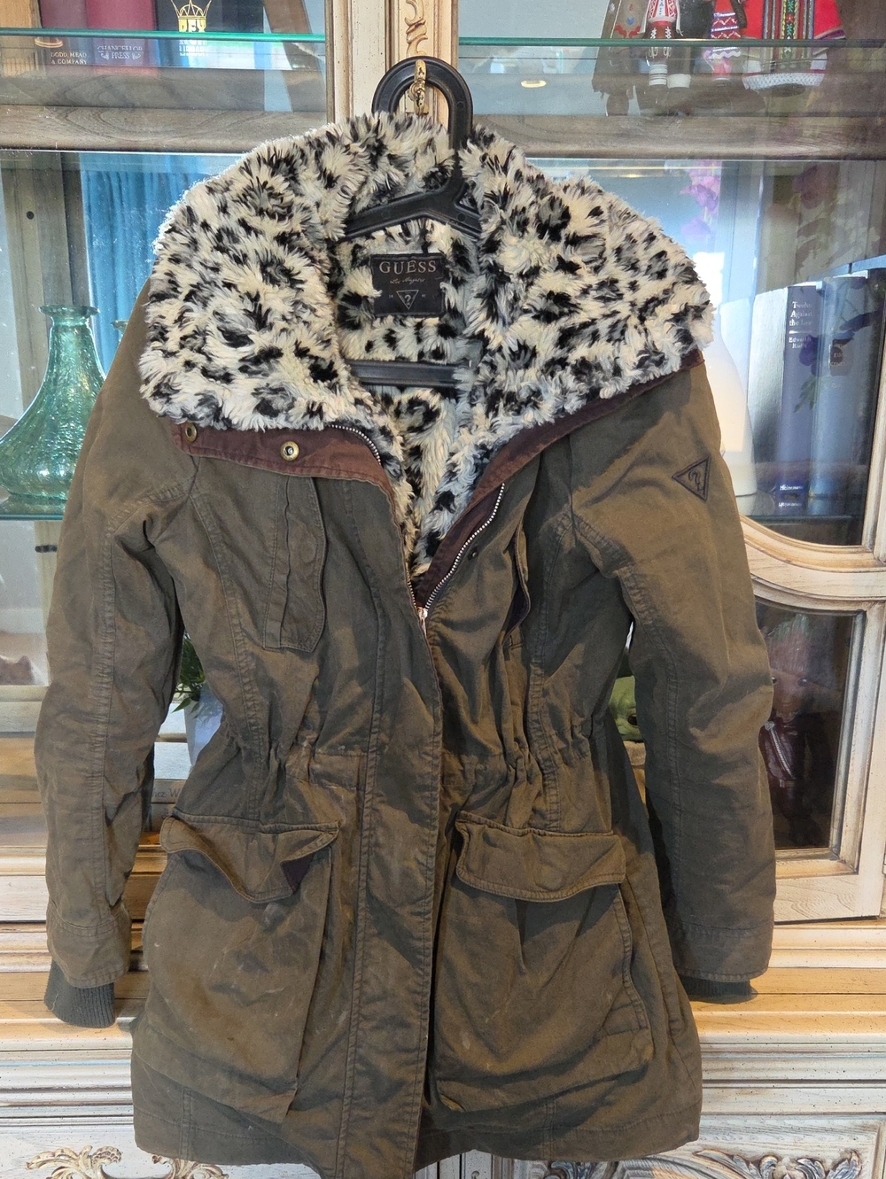 GUESS Olive Green Utility Jacket with Faux Leopard Fur Trim